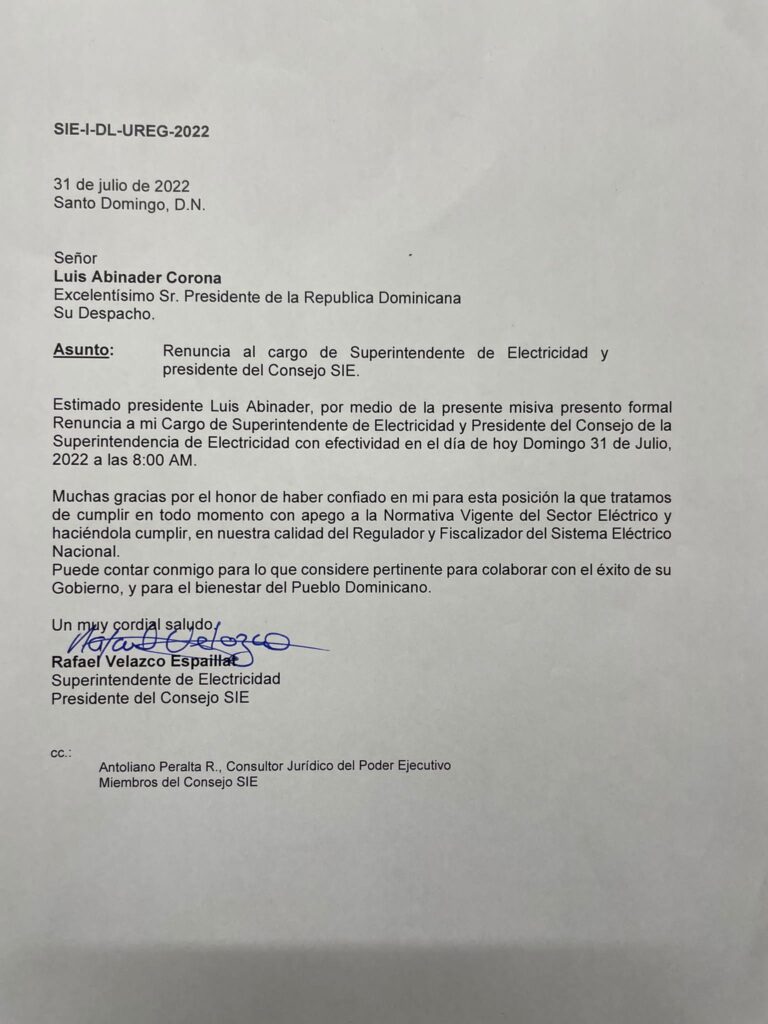 Renuncia el superintendente de Electricidad, Rafael Velazco Espaillat