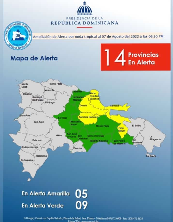 COE eleva alerta a amarrilla para 5 provincias y 9 en verde por vaguada