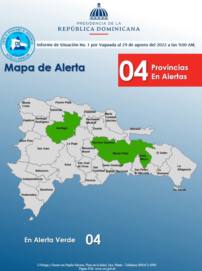 COE mantiene 4 provincias en alerta verde por incidencia de vaguada