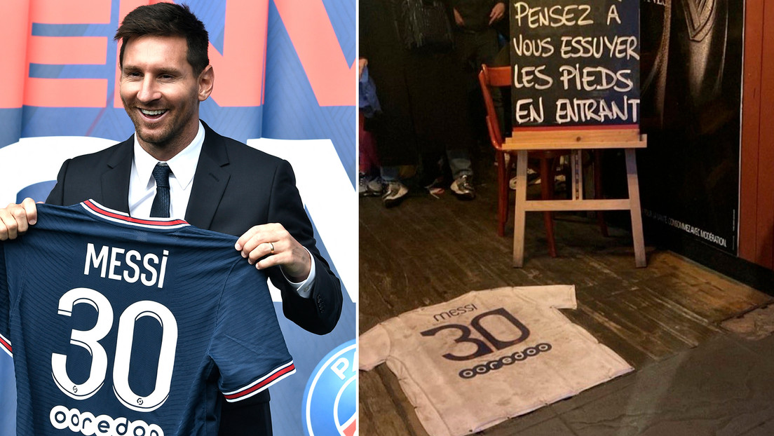 Usan camiseta de Messi como alfombra en un bar de Francia