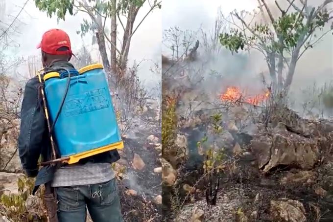 Con bomba de fumigar hombre intenta sofocar incendio forestal en Hato Mayor