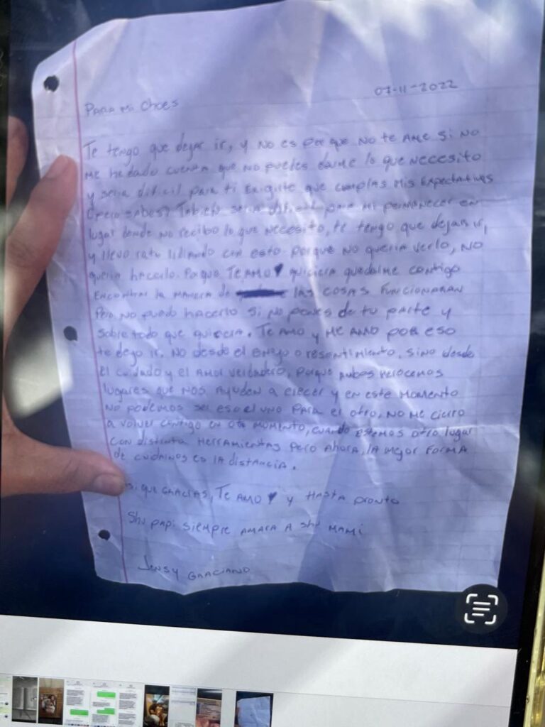 Expareja de Chantal Jiménez escribió carta meses antes del crimen