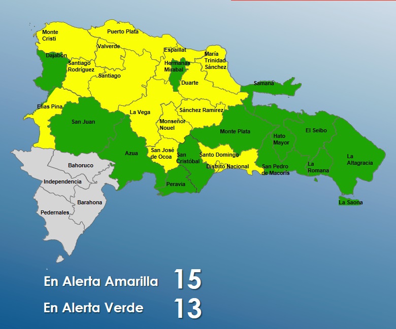 Aumentan a 28 las provincias en alerta; 15 en amarillo y 13 en verde