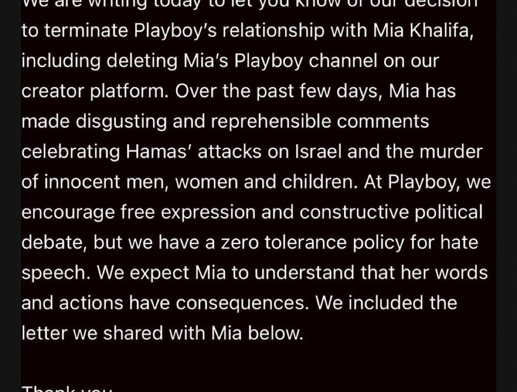Mia Khalifa despedida de Playboy por apoyar a Hamas