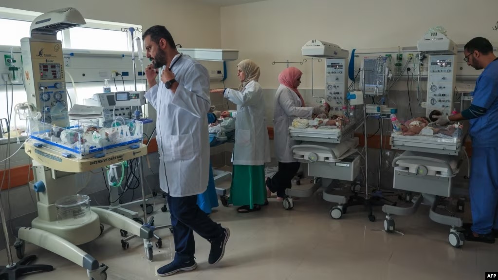 Médicos palestinos atienden a bebés prematuros evacuados del Hospital de Al Shifa, en la Ciudad de Gaza. Foto: fuente externa.