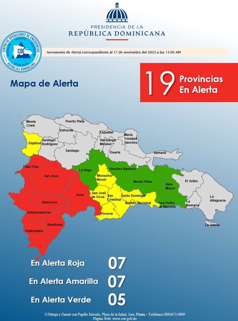 COE coloca alerta roja en 7 provincias; 12 están en verde y amarilla