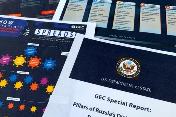 Páginas de un reporte del Centro de Compromiso Global del Departamento de Estado sobre la desinformación de Rusia publicado el 5 de agosto de 2020. Foto: fuente externa.
