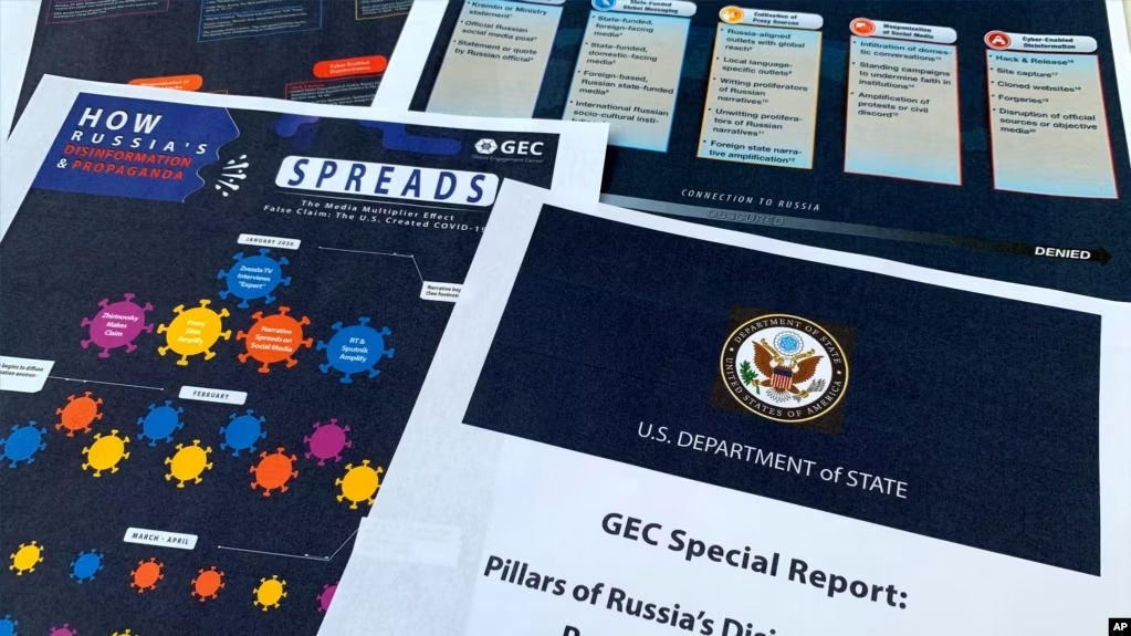 Páginas de un reporte del Centro de Compromiso Global del Departamento de Estado sobre la desinformación de Rusia publicado el 5 de agosto de 2020. Foto: fuente externa.