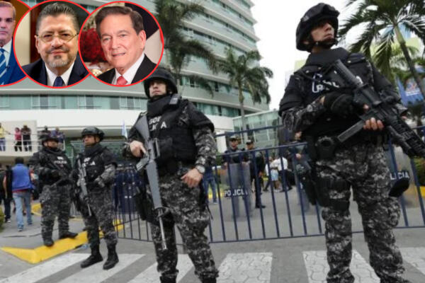 Mandatarios de RD, Costa Rica y Panamá, y agentes policiales de Ecuador. FOTO: CDN Digital