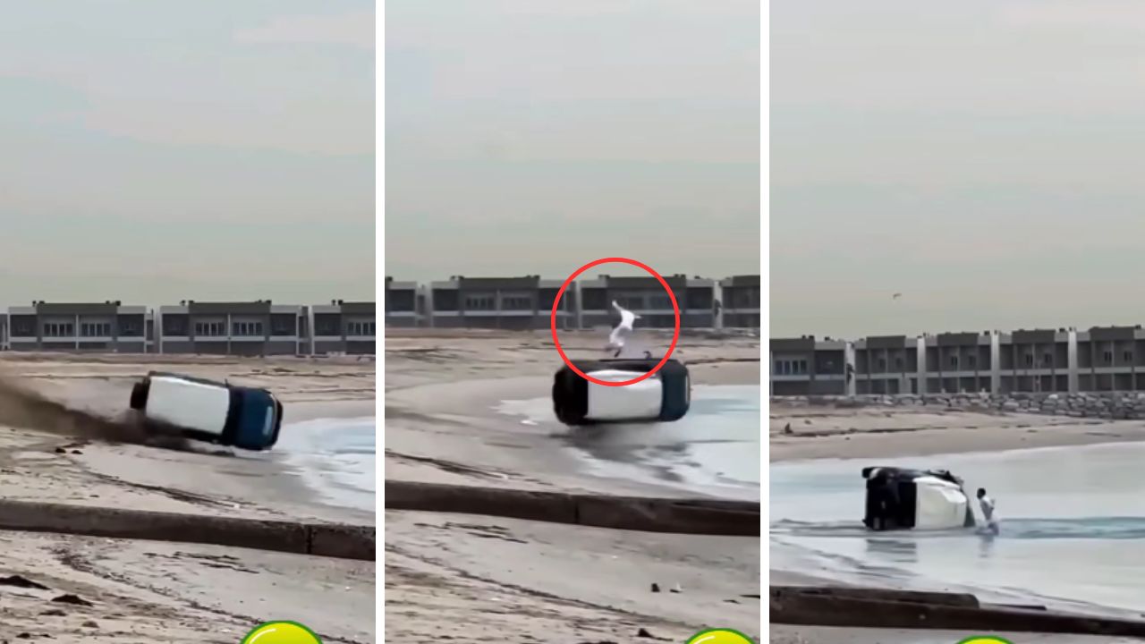 Hombre vuela por los aires tras volcar su coche en una playa