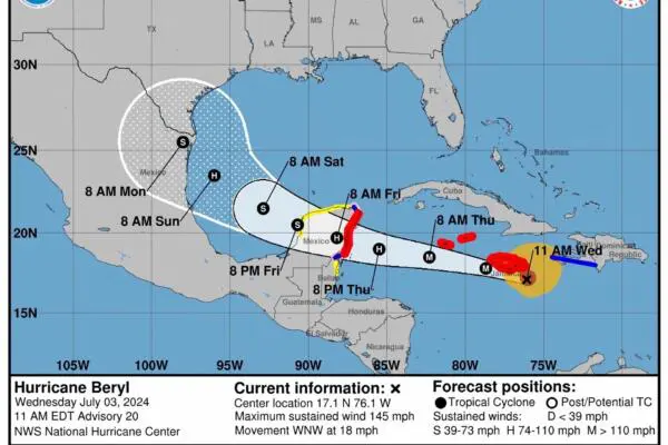 Imagen cedida este miércoles por el Centro Nacional de Huracanes (NHC) estadounidense donde se muestra el pronóstico de cinco días de la trayectoria del huracán Beryl en el Caribe. Beryl, un peligroso huracán de categoría 4, avanza hacia Jamaica, a donde llegará este mediodía con fuerza de ciclón mayor, para desplazarse después hacia México y Belice, según el Centro Nacional de Huracanes (NHC) de Estados Unidos. EFE/NHC