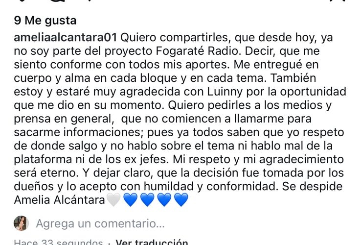 Amelia Alcántara anuncia su salida de Fogarate Radio