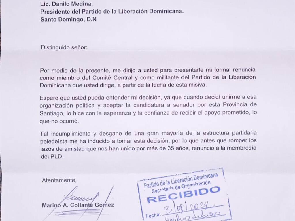 Renuncia Marino Collante del PLD