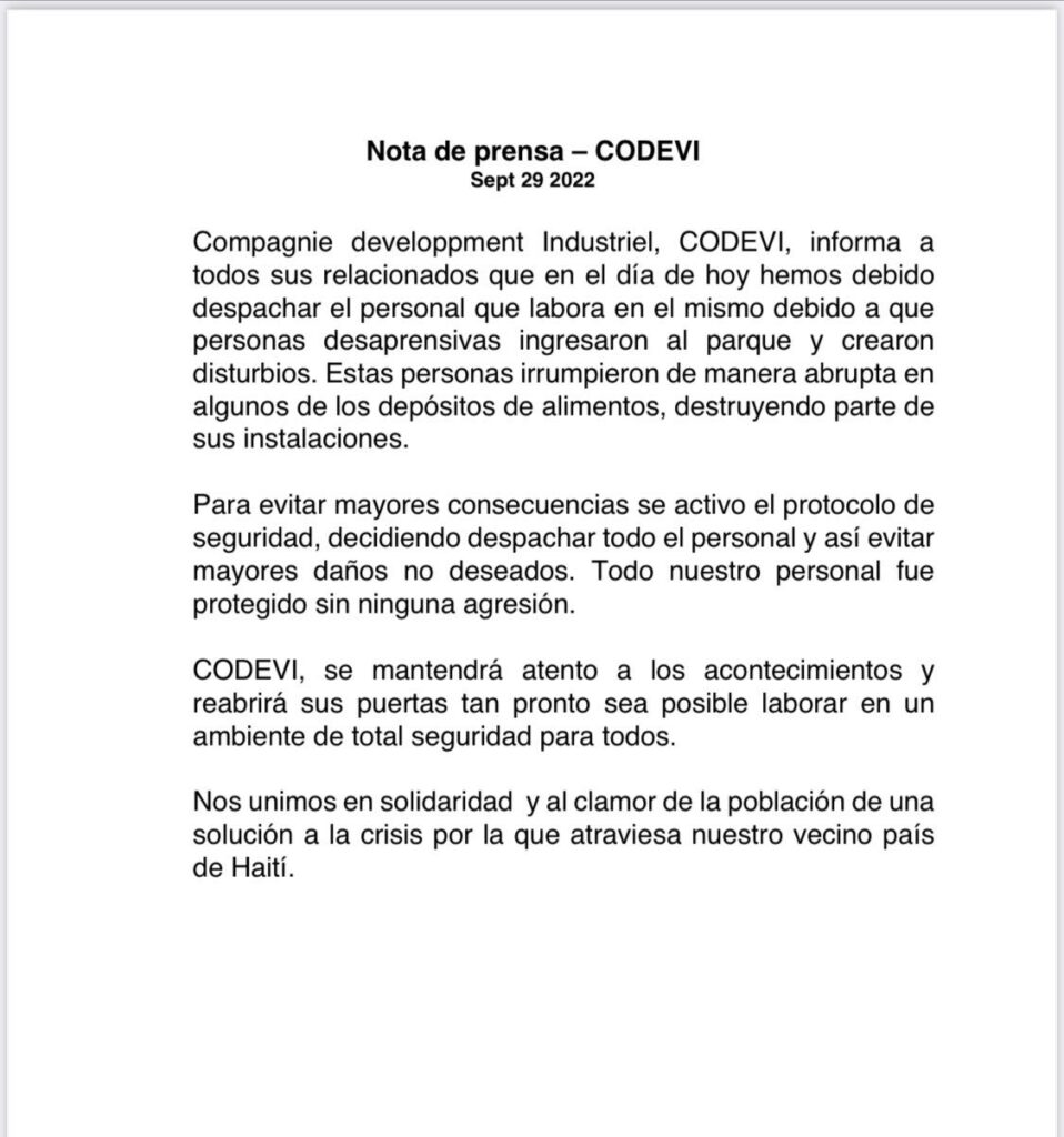 Codevi informs employees were unharmed after incident