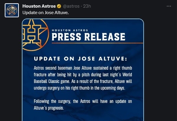 Astros de Houston confirman la gravedad de la lesión de José Altuve