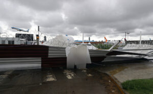 View of damages at the Jorge Newbery (Aeroparque) airport following a fierce storm that hit Buenos Aires, on December 17, 2023. - In the port city of Bahia Blanca, some 600km southwest of Buenos Aires, the powerful storm led to the deaths of at least 13 people when the roof of a sports club collapsed, authorities said. (Photo by ALEJANDRO PAGNI / AFP)