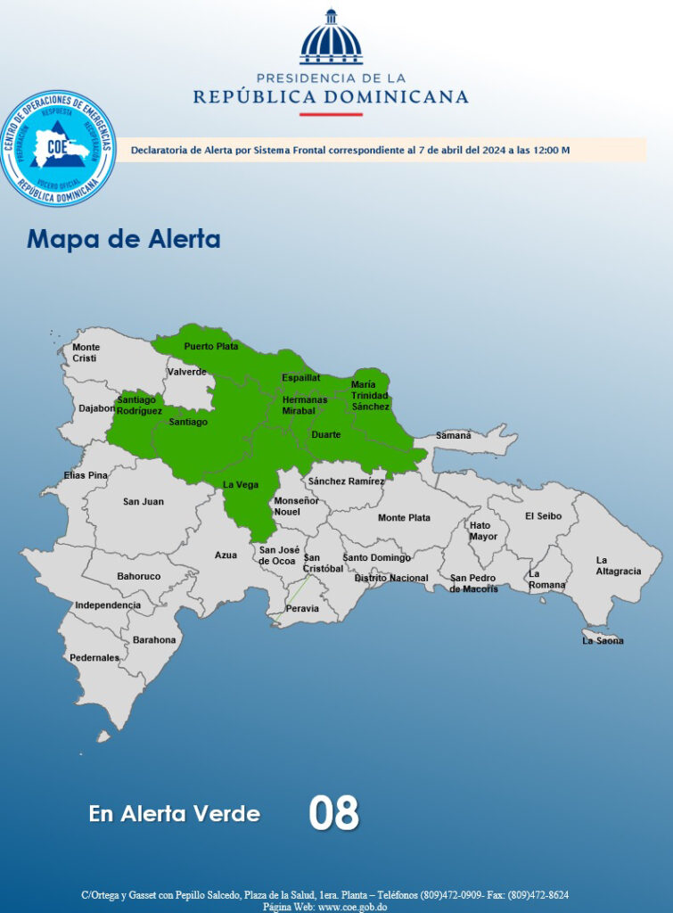 COE coloca ocho provincias del norte del país en alerta verde