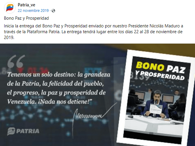 Bono Paz y Prosperidad FECHA DE PAGO, MONTO y cobrar por Patria