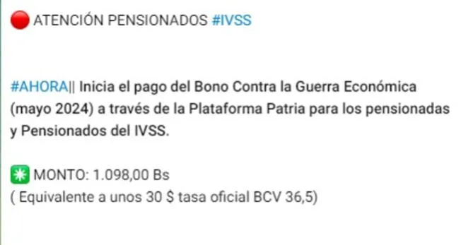 Bono de Guerra PENSIONADOS del IVSS: pago y MONTO en junio 2024