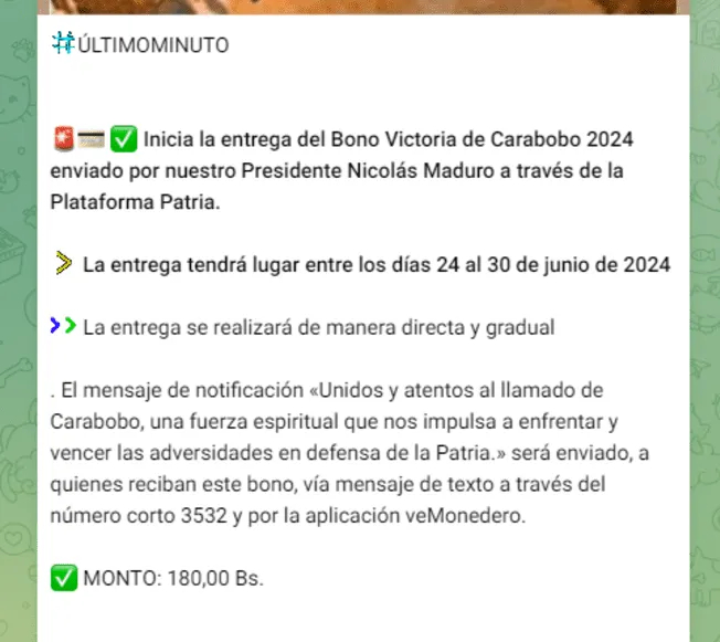 COBRA el Bono Victoria de Carabobo, junio 2024: Consulta con cédula