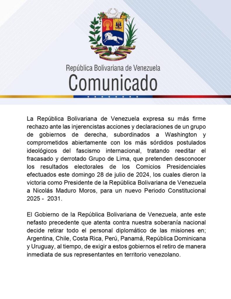 Venezuela announces withdrawal of its diplomatic personnel in the Dominican Republic and other countries