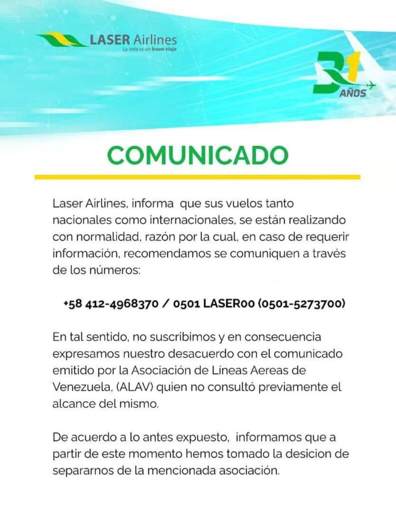 Laser desmiente suspensión de vuelos internacionales a Venezuela