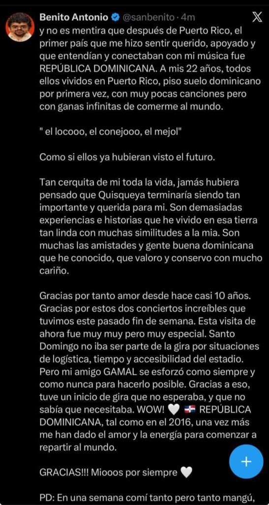 Bad Bunny agradece a República Dominicana y resalta su impacto en su carrera