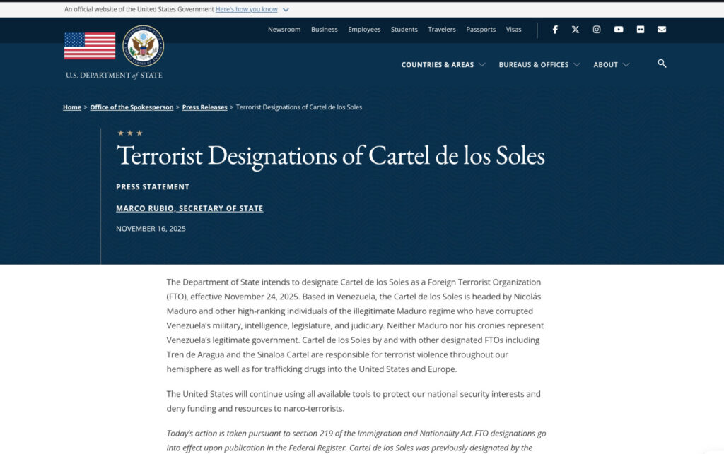 Trump designa como terroristas a Maduro y a su círculo militar.