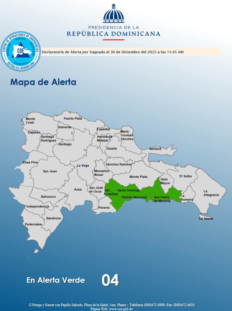 Mapa de alerta verde emitida por el COE