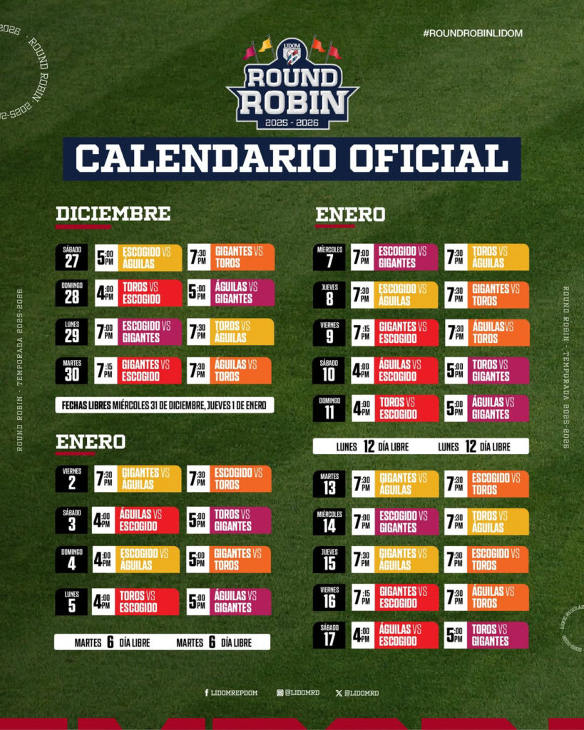 Calendario oficial del Round Robin LIDOM 2025-2026