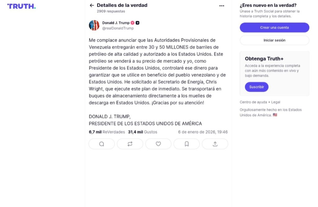 Trump: Venezuela nos entregará millones de barriles de petróleo
