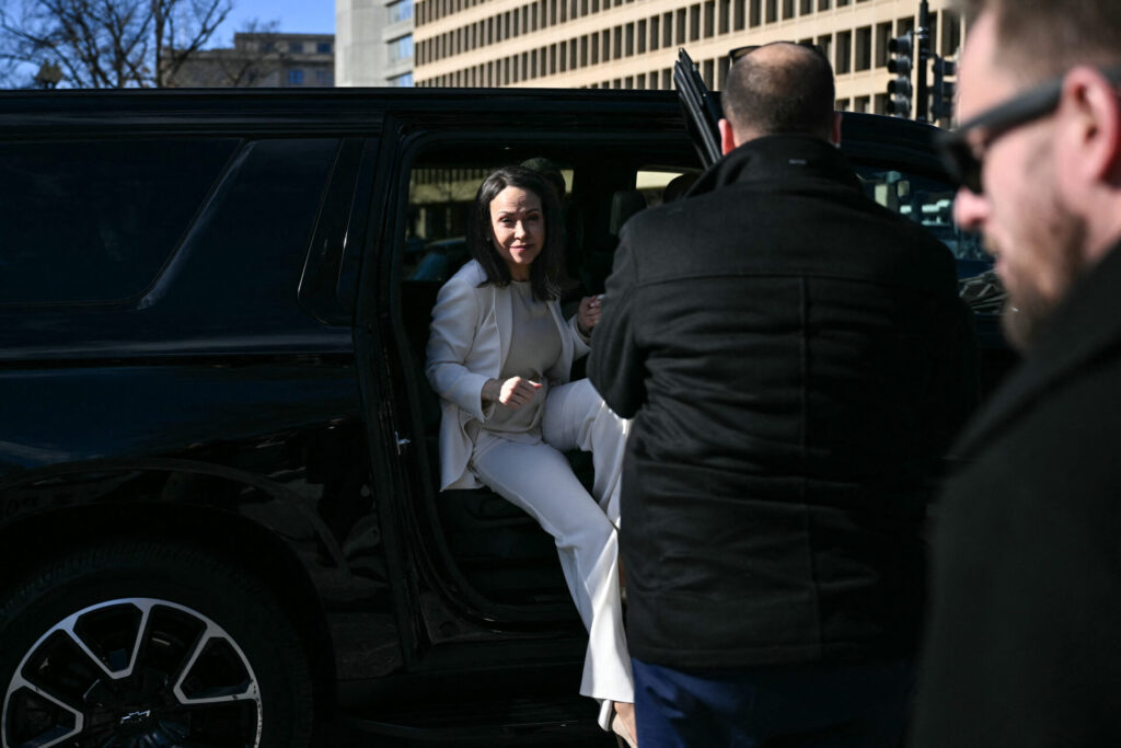 María Corina Machado a su llegada a la Casa Blanca. Foto: AFP