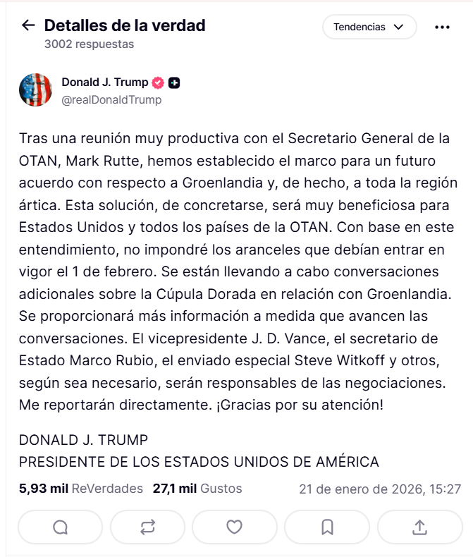 Trump retira amenaza de aranceles a partir del 1 de febrero por pugna por Groenlandia