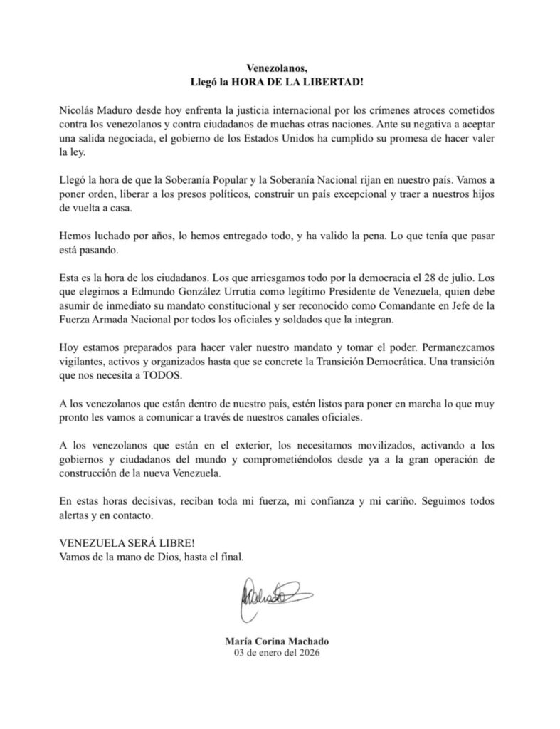 María Corina Machado difundió un mensaje llamando a la "transición democrática".