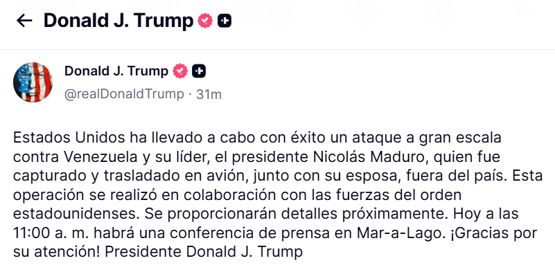 Trump afirma captura de Maduro tras ataque a Venezuela