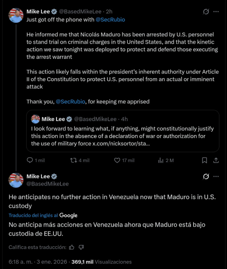 Senador estadounidense: Rubio le dijo que "no hay más medidas" ahora que Maduro está bajo custodia