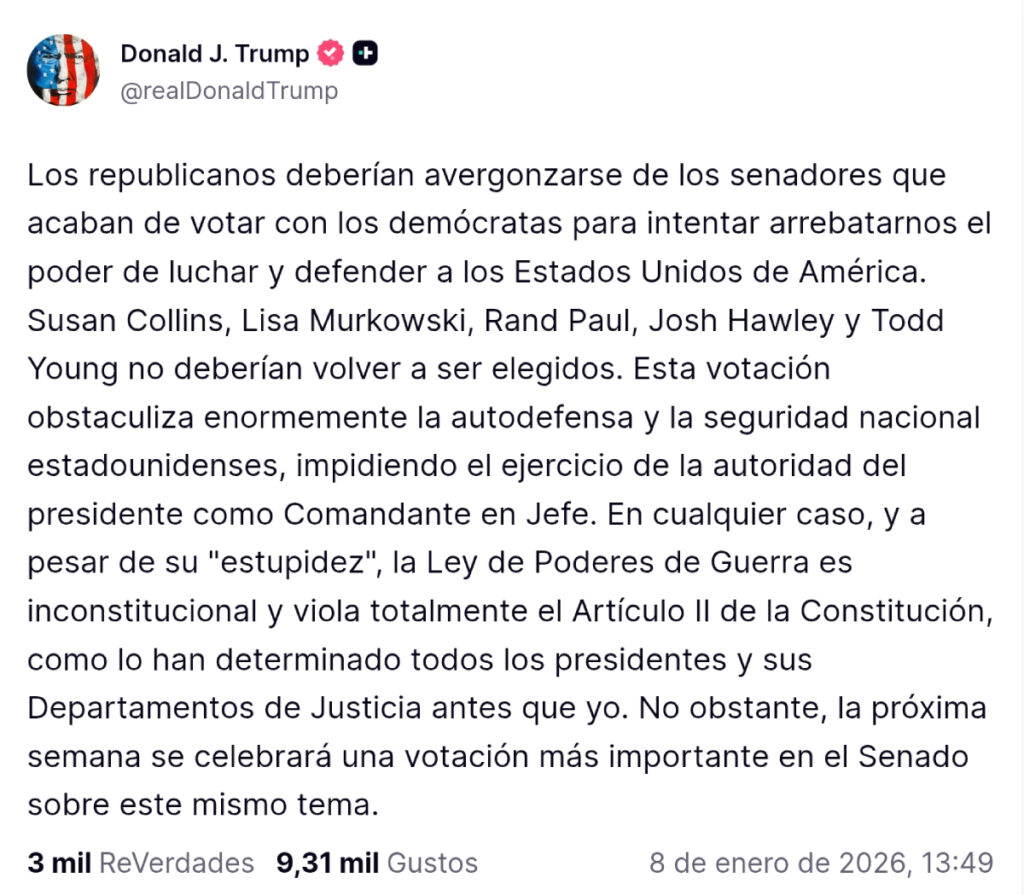 Trump critica al Senado por frenar sus acciones contra Venezuela