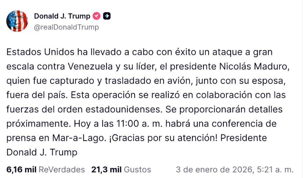 Trump afirma captura de Maduro tras ataque a Venezuela