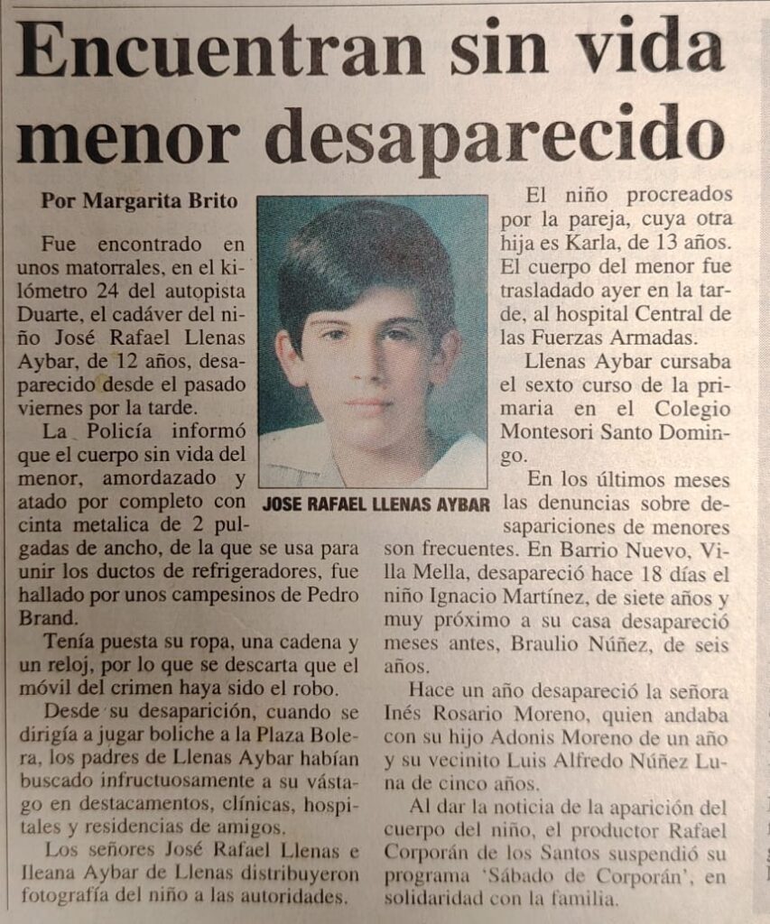 Se cumple este año tres décadas del asesinato del niño José Llenas Aybar