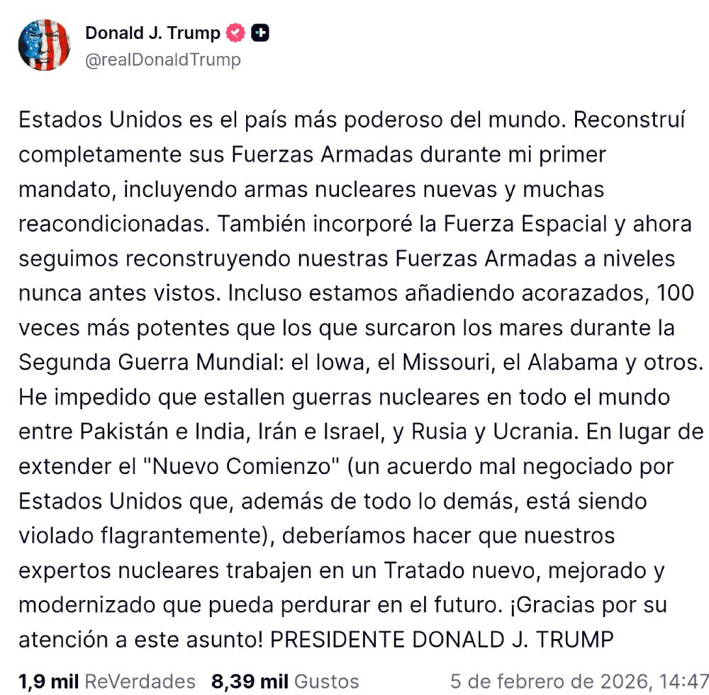 Trump pide un tratado nuclear nuevo y "modernizado" entre EEUU y Rusia