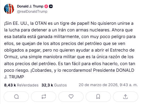 Trump llama “cobardes” a aliados de la OTAN